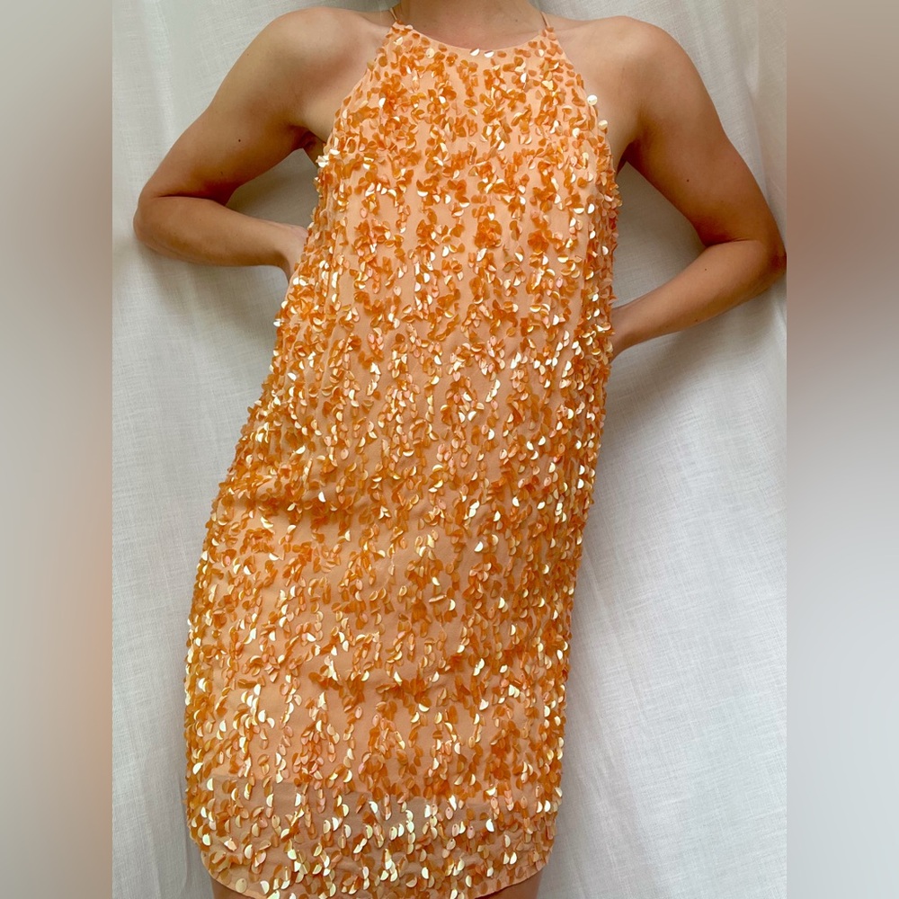 Halston Heritage Tangerine Sequin Mini Razorback Party Dress